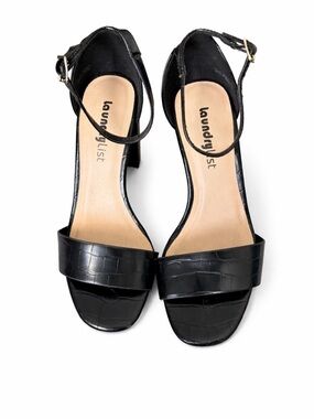 Black Croc-Embossed Block Heel Sandals